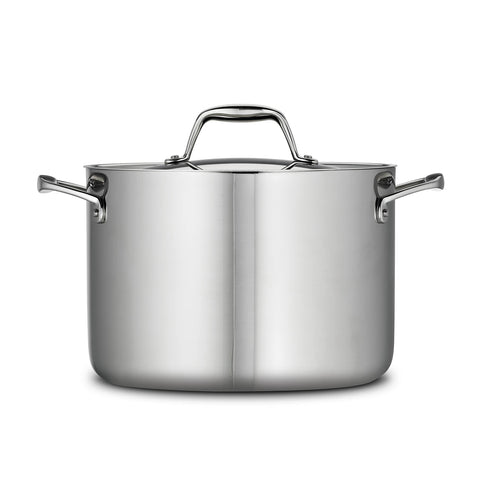 Tramontina Signature Tri-Ply 8qt stock pot with mirror finish enhances kitchen presentation.