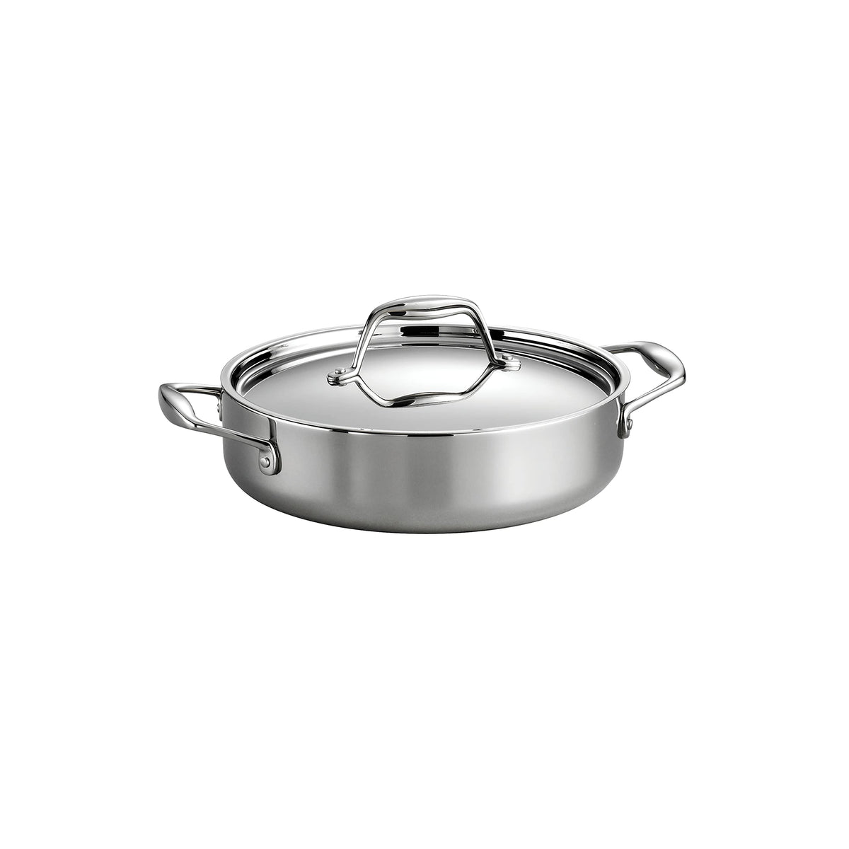 Tramontina Signature tri-ply braiser pan with lid on stovetop for even browning