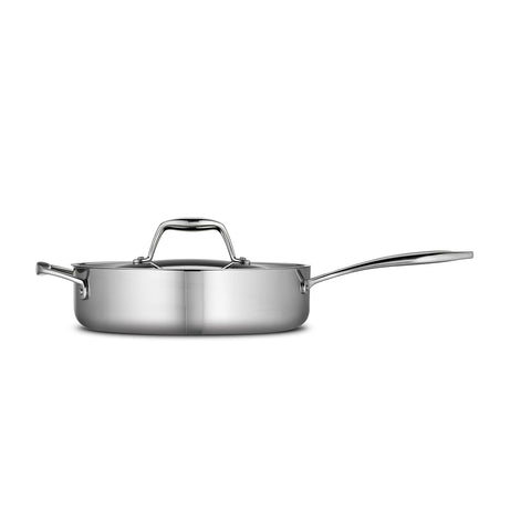 Tramontina tri-ply clad 3qt sauté pan handle close-up highlights riveted grip.