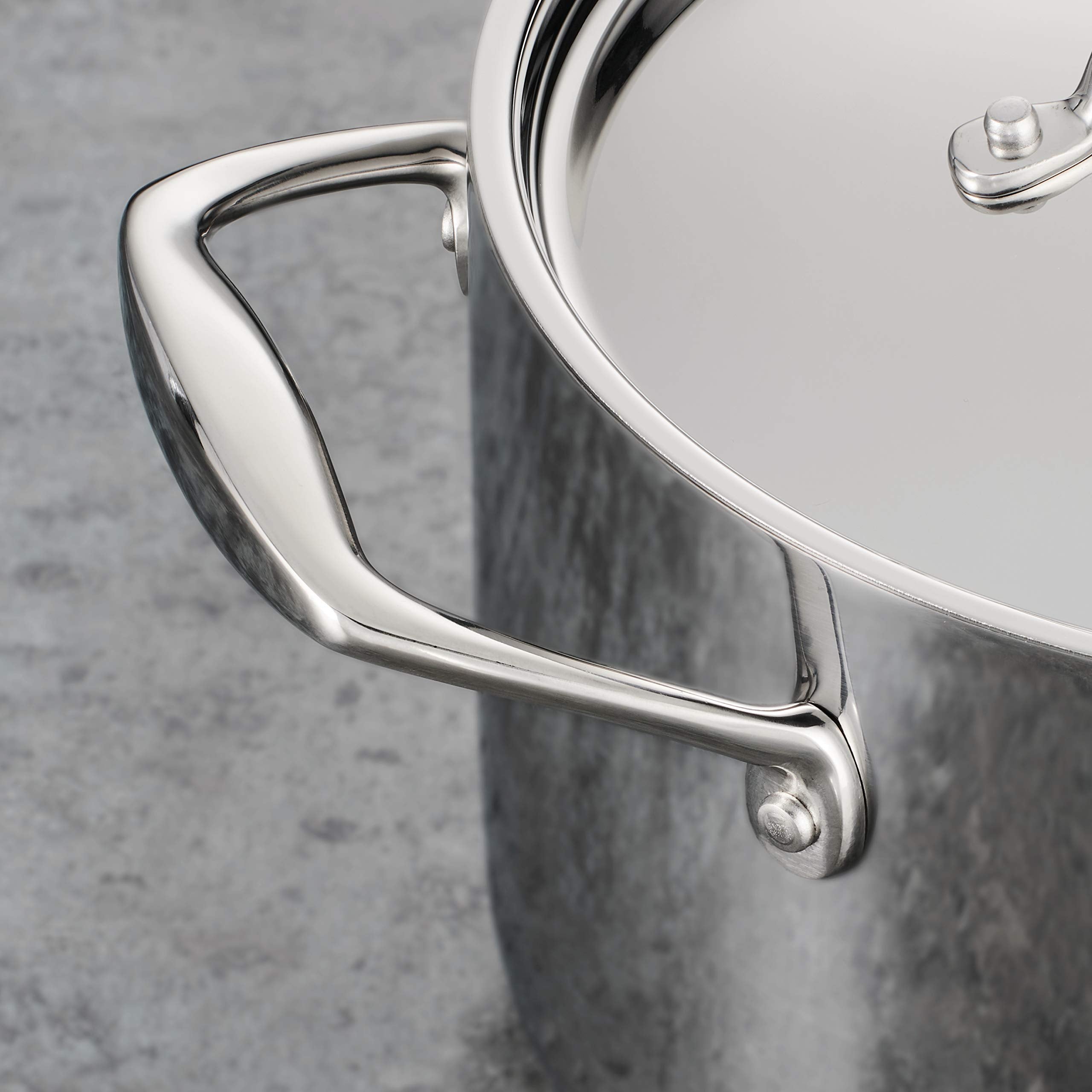 Tramontina tri-ply clad pan lid-off view highlights oven-safe versatility to 500°F.