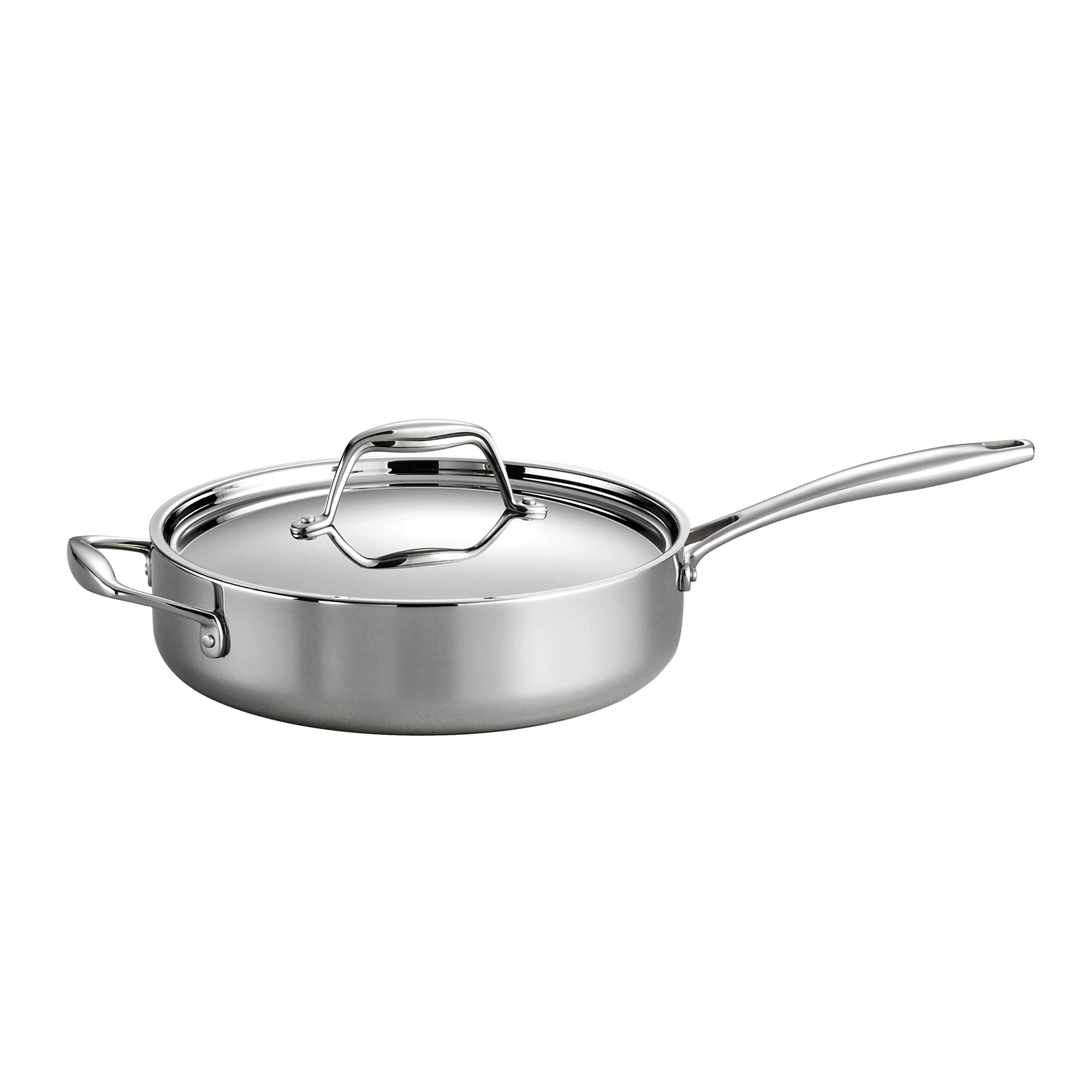 Tramontina tri-ply clad 3qt sauté pan with lid on demonstrates even heat distribution.