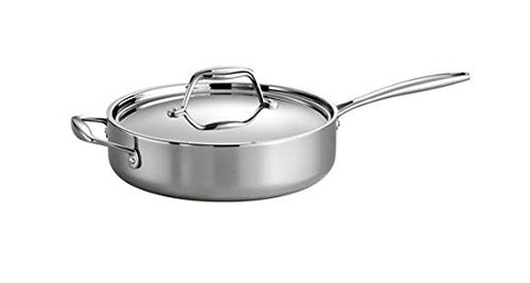 Tramontina tri-ply clad 3qt sauté pan on stovetop signifies induction compatibility.