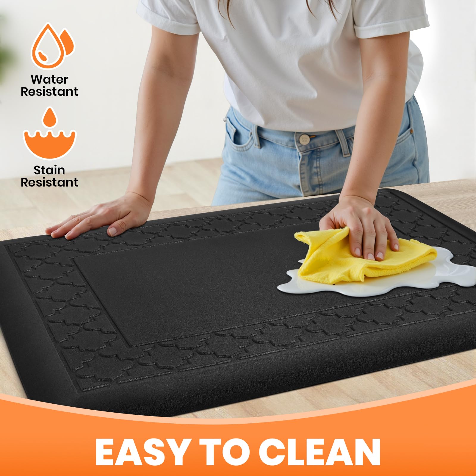 TranquilMoments kitchen mat stain-resistant waterproof surface is easy to wipe clean.