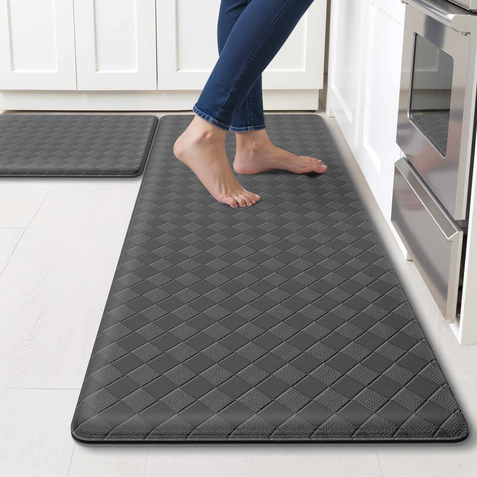 TranquilRelax two-piece grey kitchen mat set with diamond pattern in foreground for stylish comfort