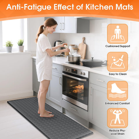 Two-piece TranquilRelax kitchen mat set laid out on kitchen floor in grey