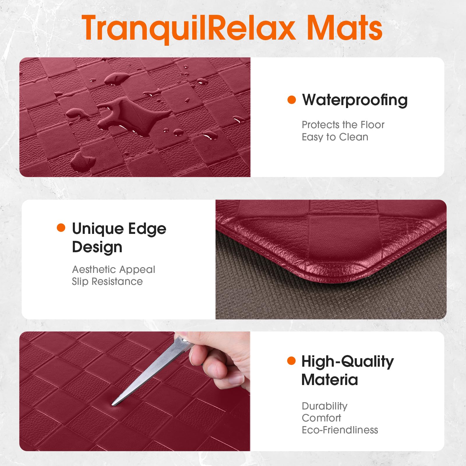 TranquilRelax diamond-pattern red mats add style while supporting daily kitchen tasks.