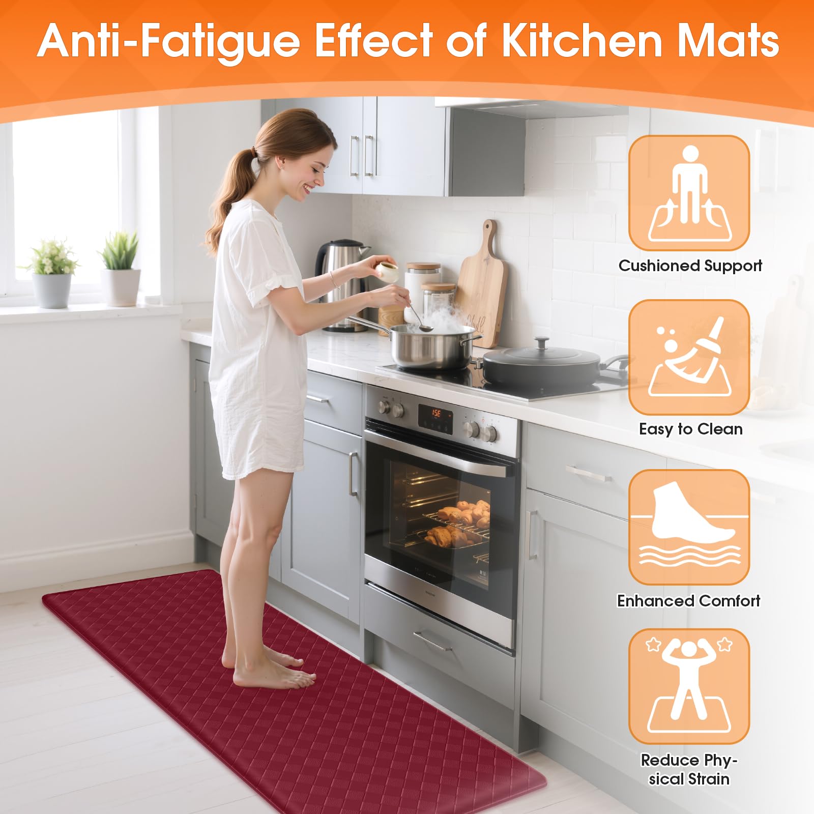 TranquilRelax kitchen mats under the stovetop red keep feet comfortable during cooking.