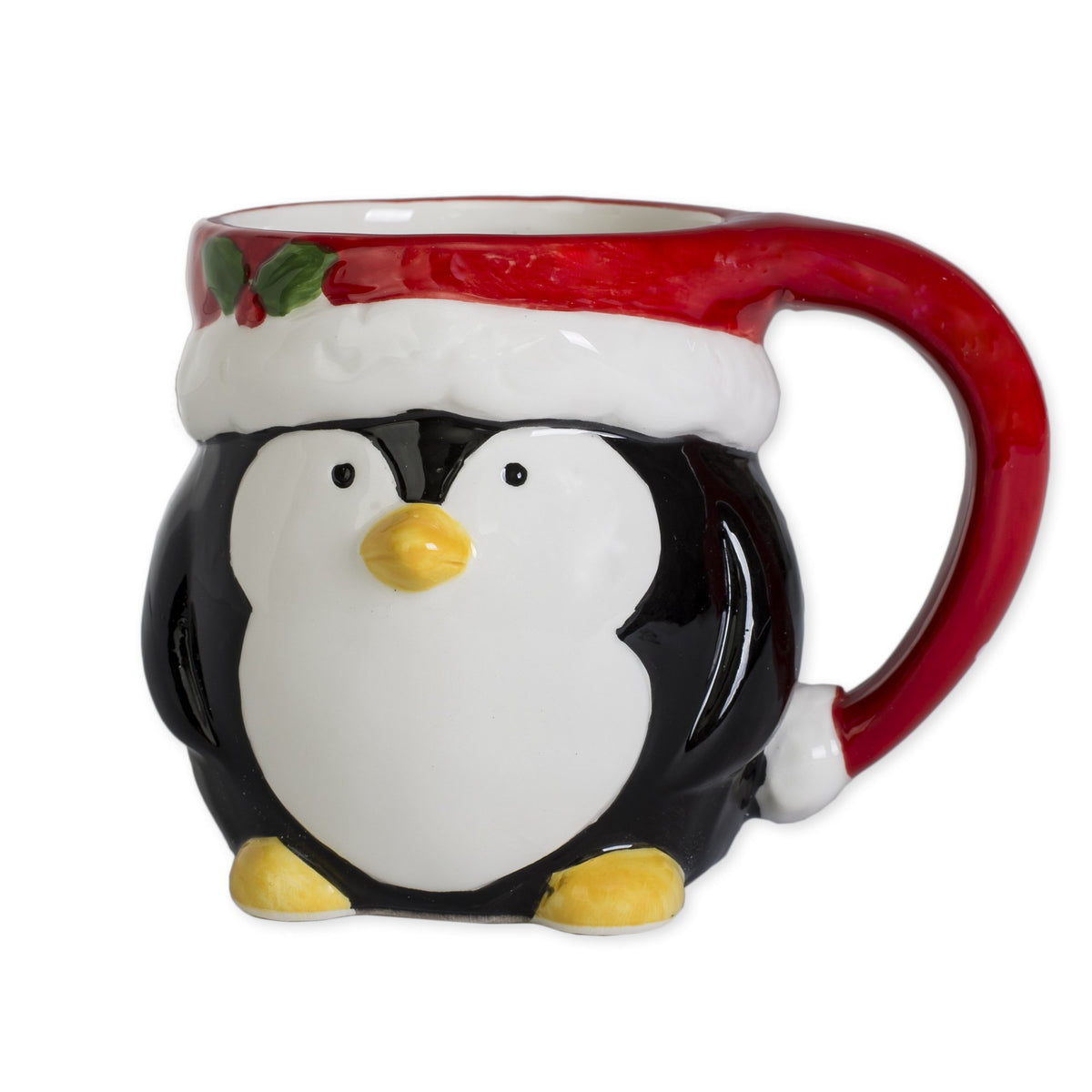 Transpac Penguin Holiday Character mug handle view, microwave-safe and ready for festive coffee moments.