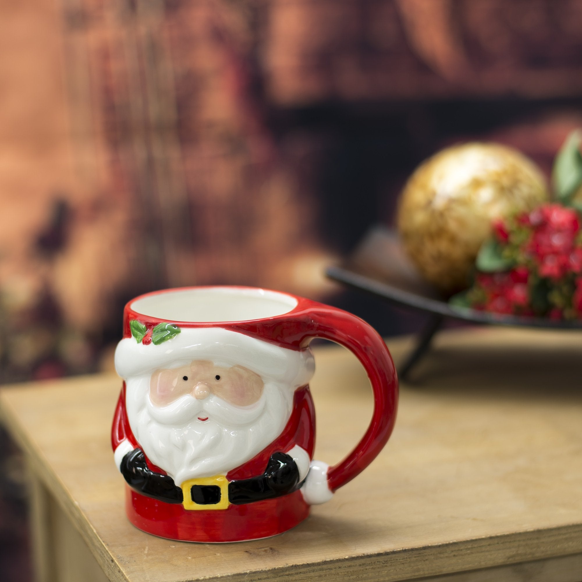 Transpac Santa Holiday red mug shows detailed craftsmanship for holiday entertaining.