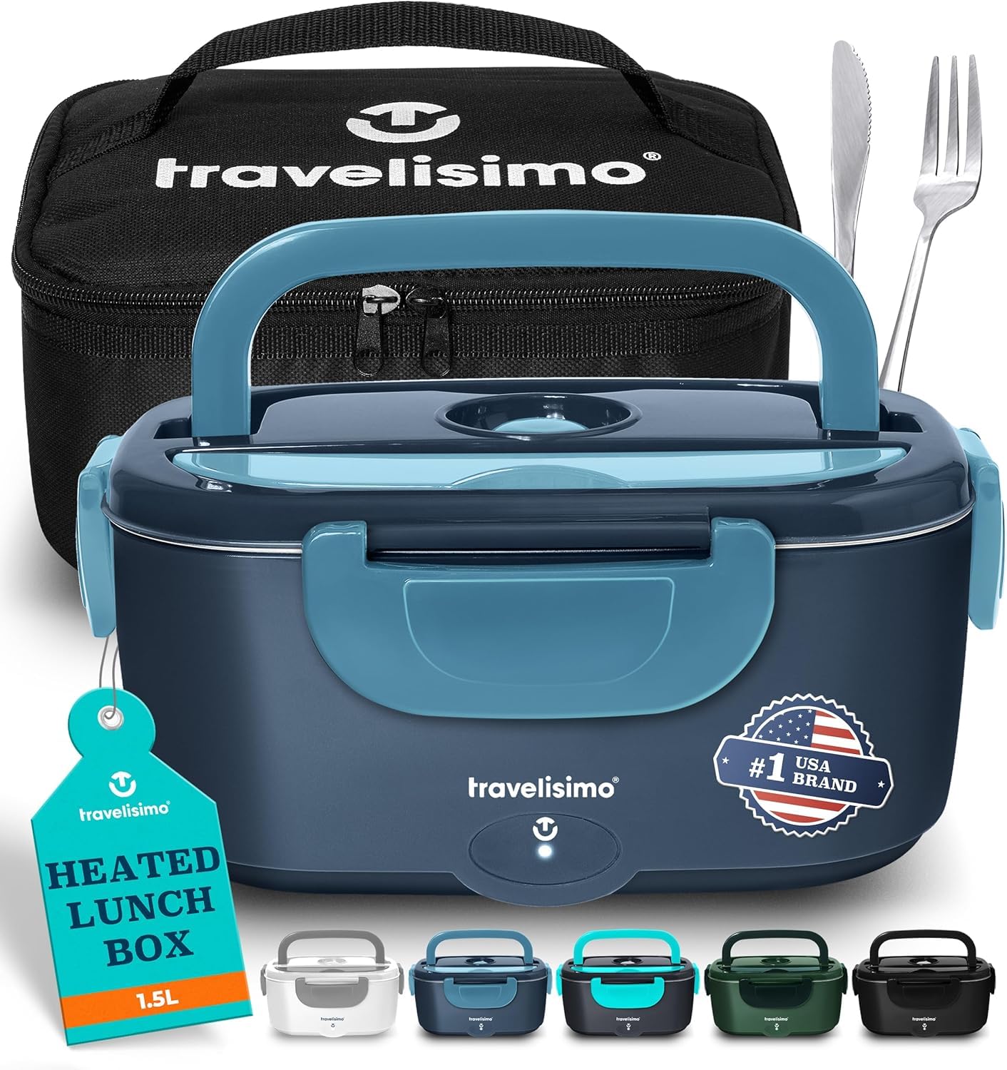 Travelisimo electric lunch box closed in stainless steel offers warm meals on the go