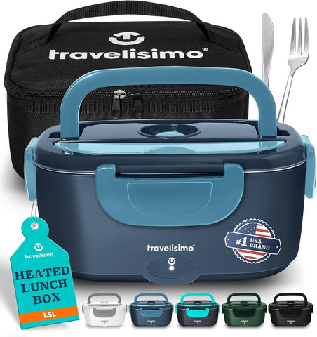 Travelisimo electric lunch box closed in stainless steel offers warm meals on the go