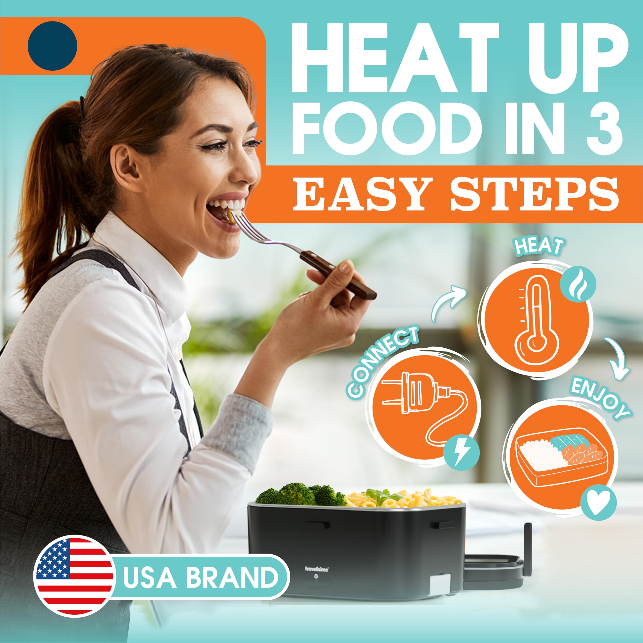 TRAVELISIMO fast self-heating 80W lunch box warms meals in minutes.
