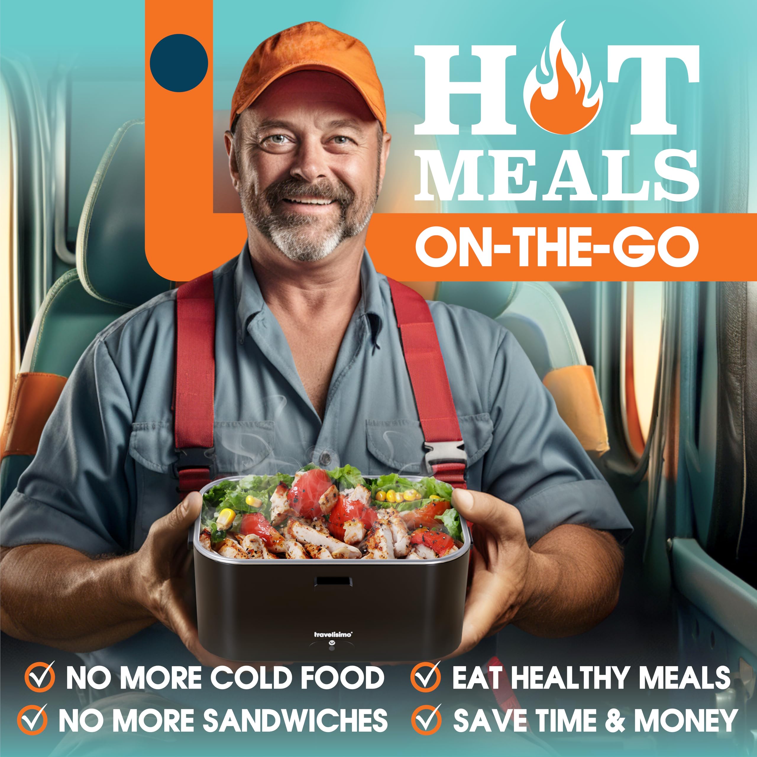 TRAVELISIMO heated lunch box delivers hot meals on the go with self-heating design.