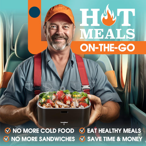 TRAVELISIMO heated lunch box delivers hot meals on the go with self-heating design.