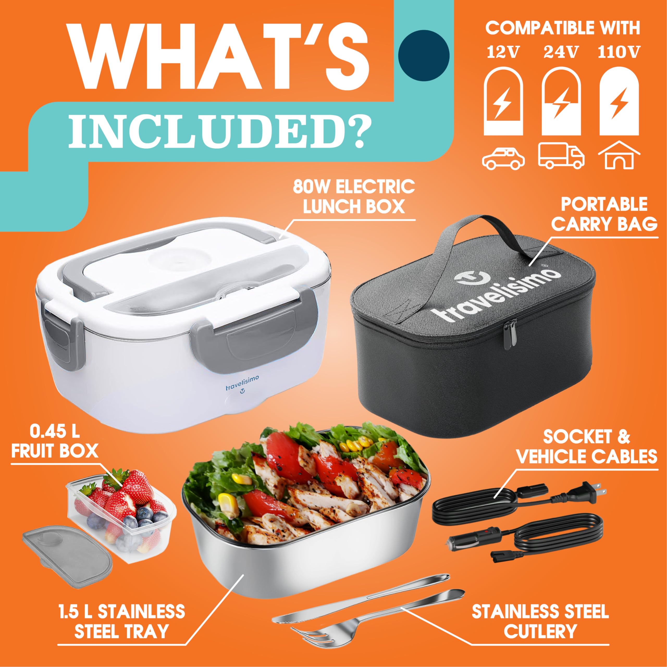 TRAVELISIMO stainless steel inner and lid for durable, hygienic meals.