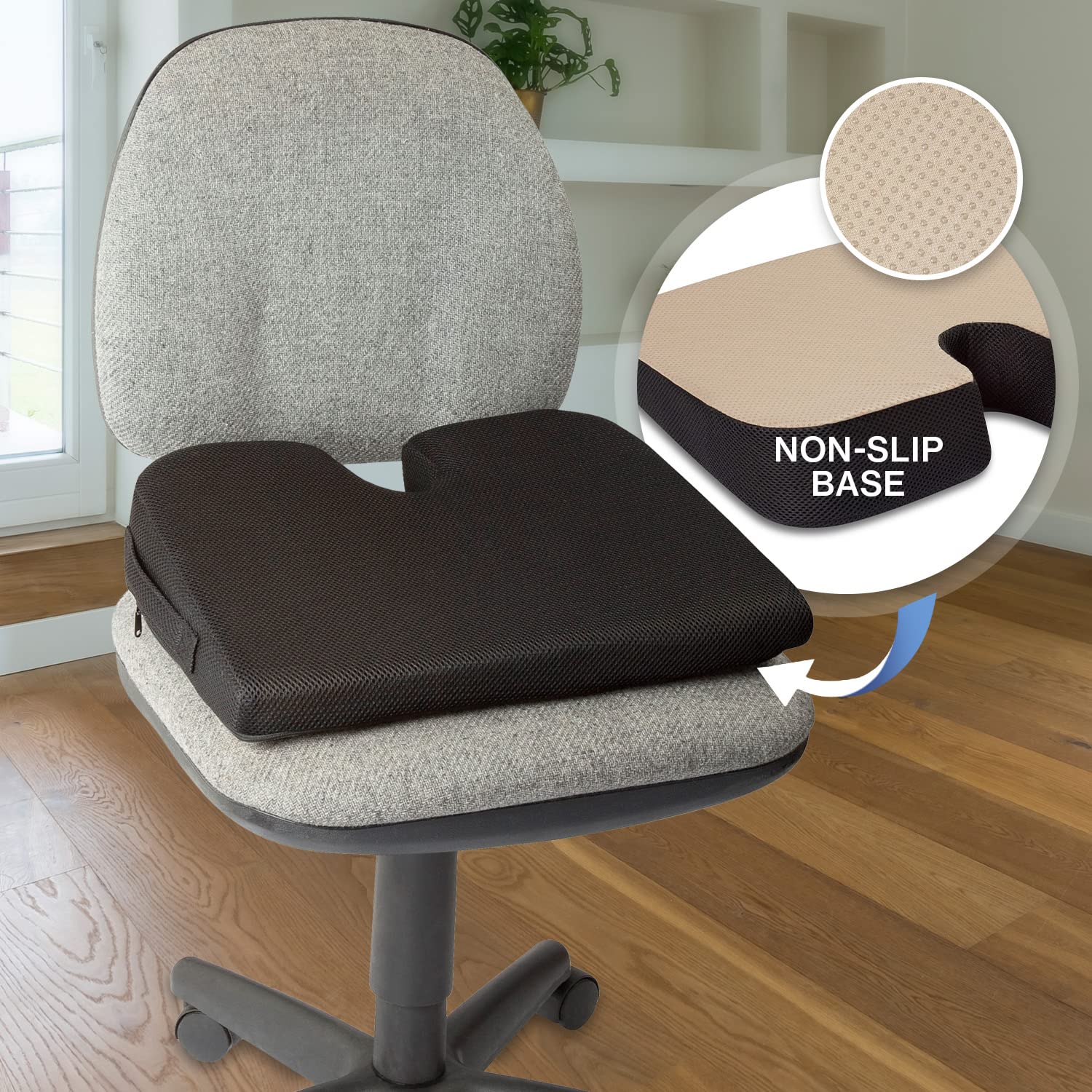 TravelMate non-slip cover keeps cushion steady on polished floors.