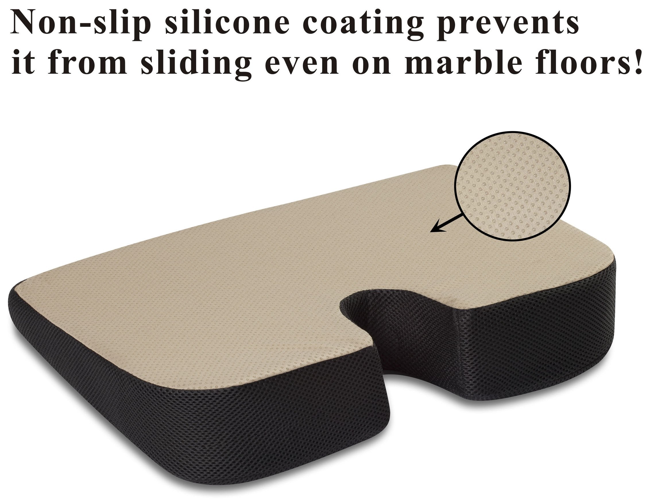 TravelMate cushion cutout tailbone relieves coccyx pressure for extended seating.