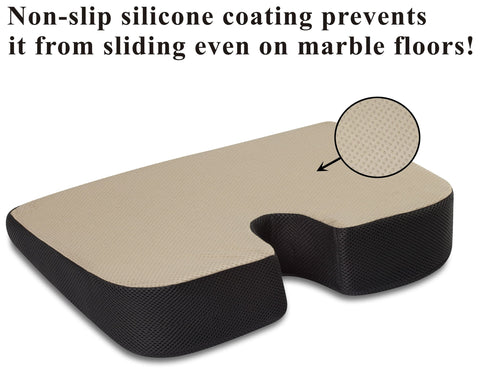 TravelMate cushion cutout tailbone relieves coccyx pressure for extended seating.