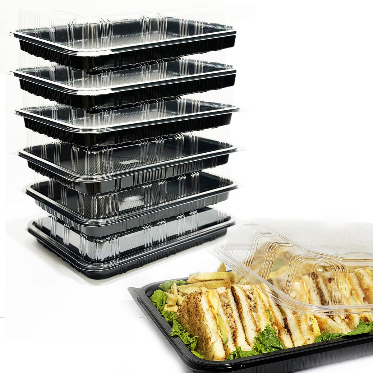 TRAYA serving tray with lid showing stacked sandwiches for easy party prep