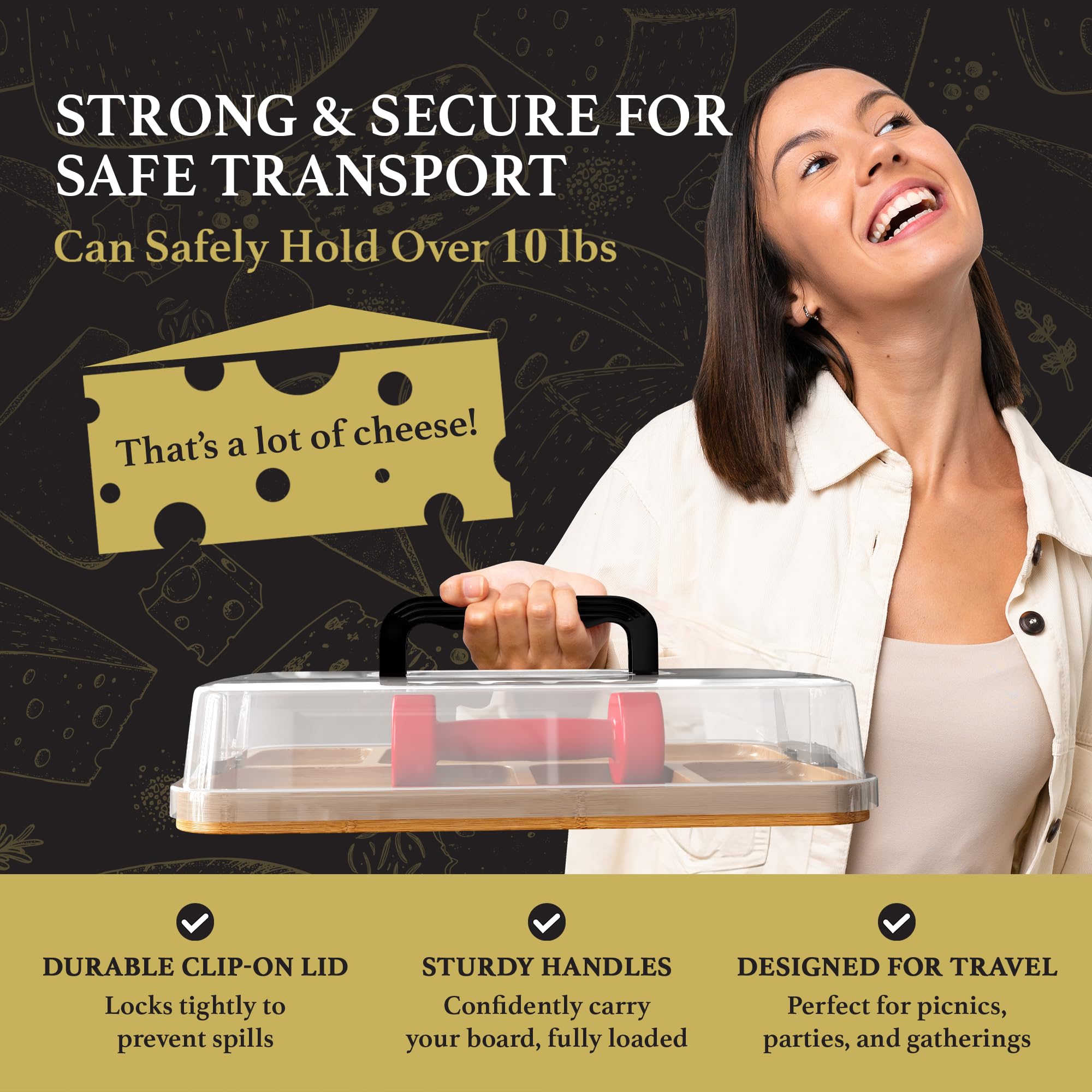 Trayful Charcuterie Board with Lid easy-to-clean large surface for crackers and cheeses.