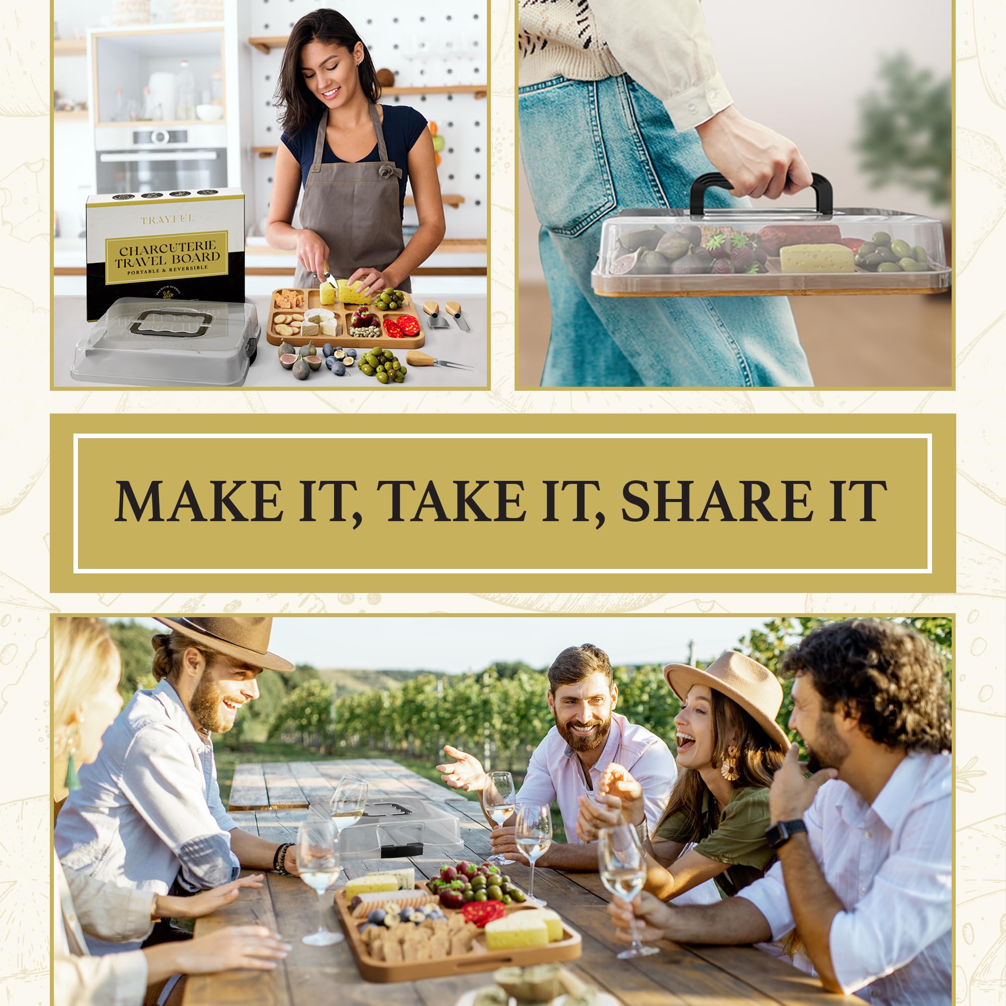 Trayful Charcuterie Board with Lid protected storage prevents spills during transport.