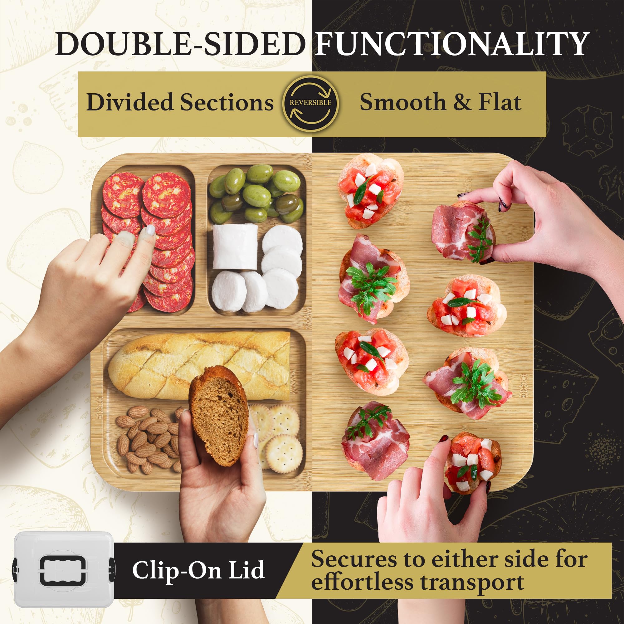 Trayful Charcuterie Board with Lid open view, showing portable setup for picnics and gatherings.
