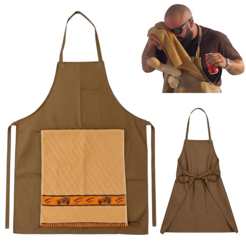 Treayes Herton apron with hidden pocket surprise adds bold fun to cookouts.