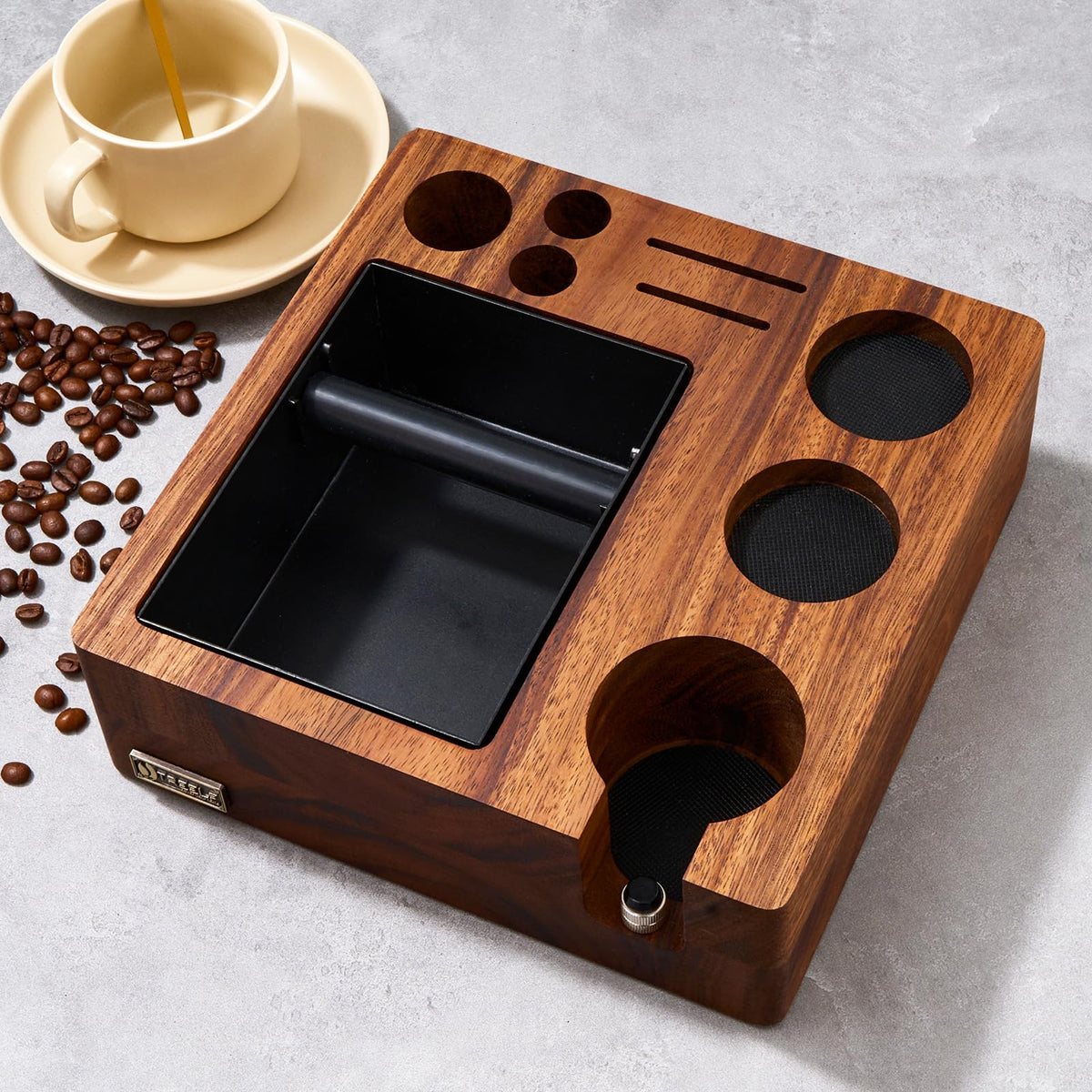 TREELF Espresso knock box setup showing organized tampers for quick access