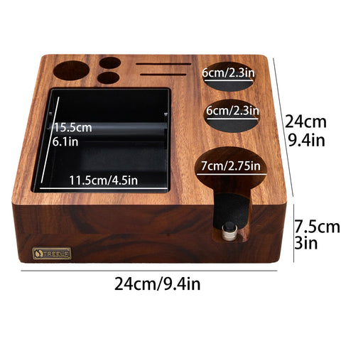 TREELF Espresso tamping station wood detail highlighting natural walnut grain