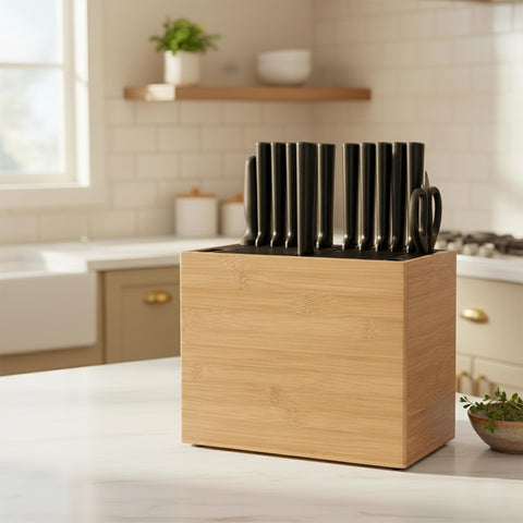 TREELLA bamboo knife block base with ventilation holes promoting moisture control.