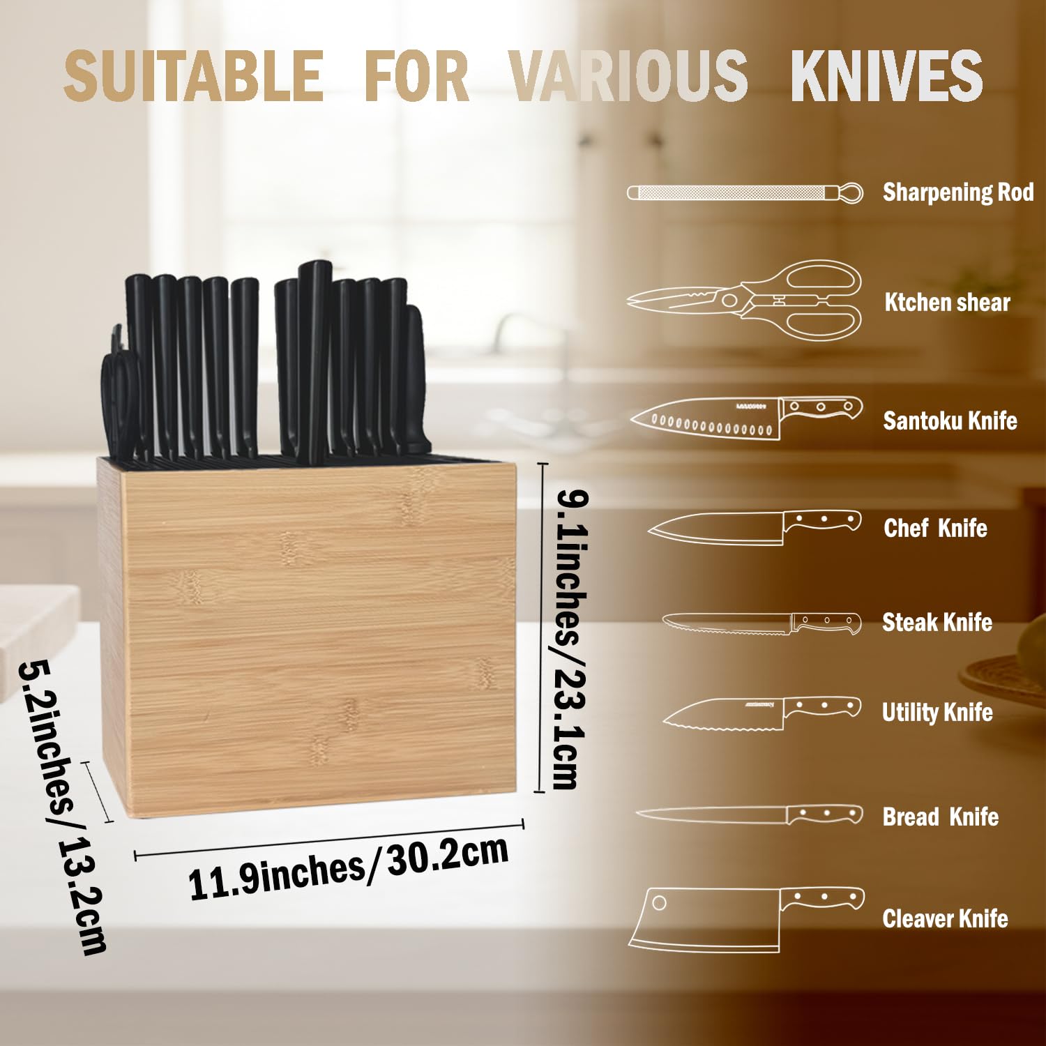 TREELLA dual slots for scissors and sharpening rod keep essential tools within reach.