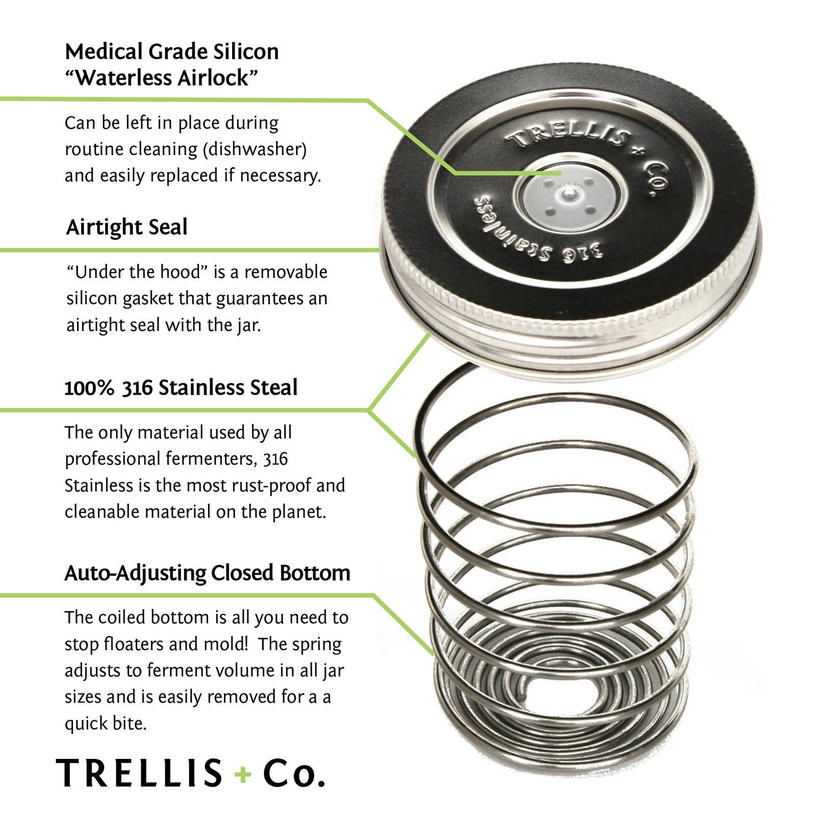 Trellis + Co medical-grade 316 stainless steel signals clean, durable fermentation hardware.