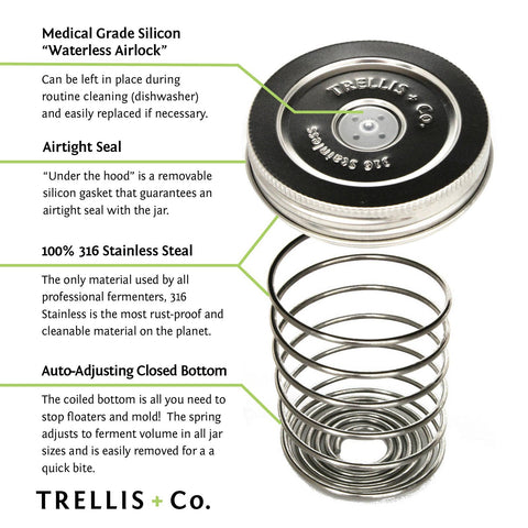Trellis + Co medical-grade 316 stainless steel signals clean, durable fermentation hardware.
