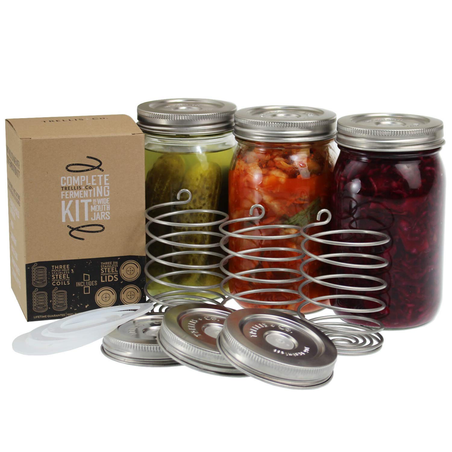 Trellis + Co stainless fermentation lid with waterless airlock for wide-mouth jars, simplifies maintenance.