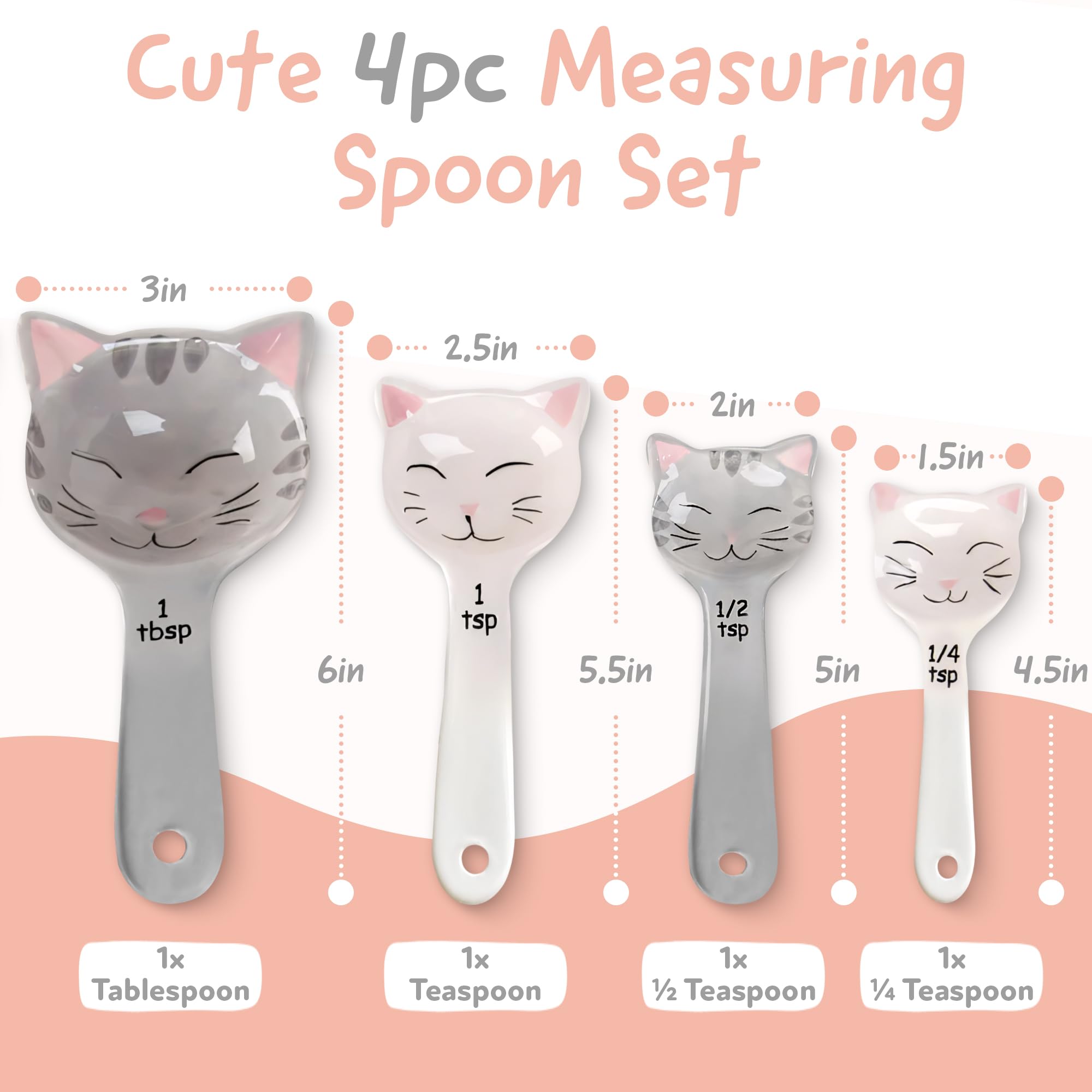 Trendsettings cat-shaped ceramic spoons in gray add cute decor and accurate measurements.
