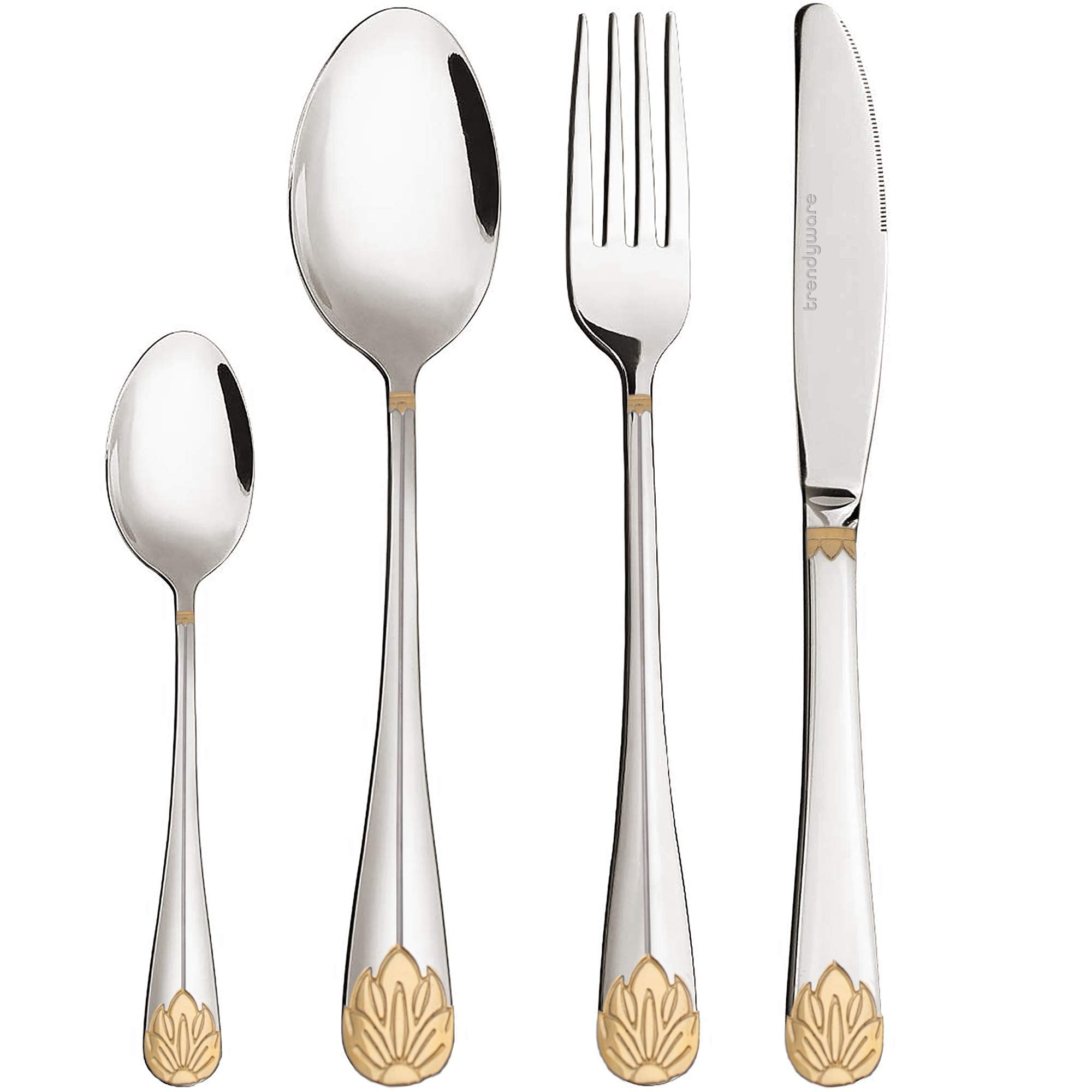TrendyWare silverware set with gold accents for elegant entertaining and daily dining.