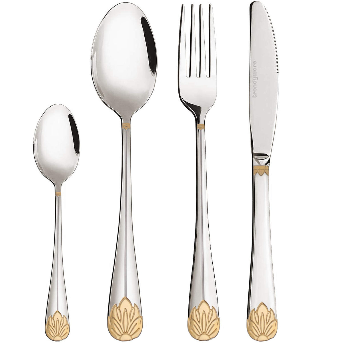 TrendyWare silverware set with gold accents for elegant entertaining and daily dining.