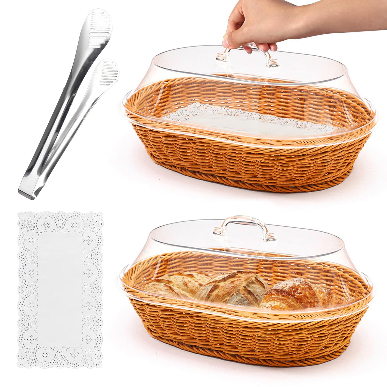 Trez Treamer rattan baskets with acrylic lids shown for bread display.