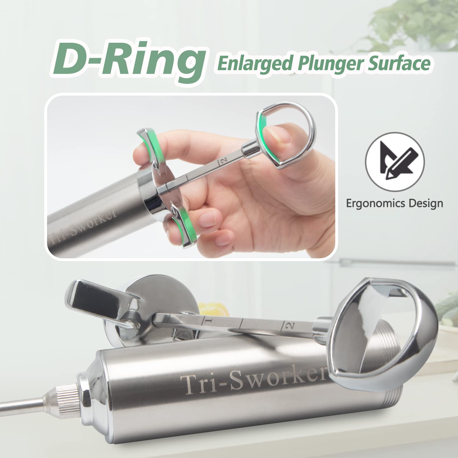 Tri-Sworker enhanced plunger design for smoother injections into thick cuts.