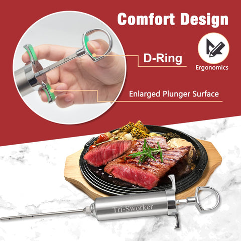 Tri-Sworker injector barrel with stainless steel finish for durable, food-safe use