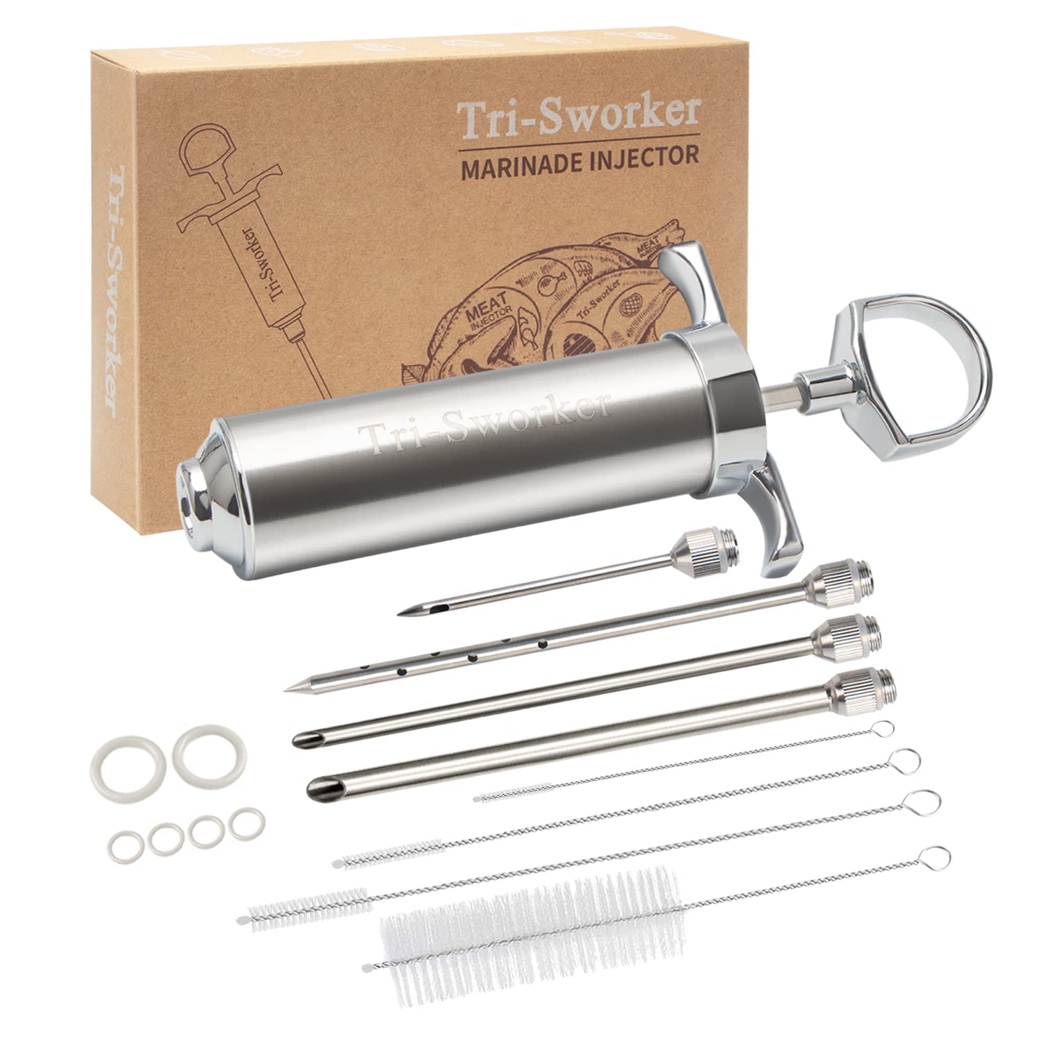 Tri-Sworker meat injector syringe with four needles for even marinade distribution.