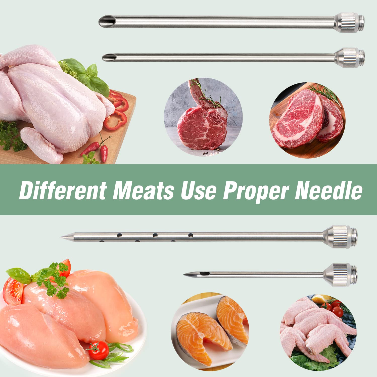Tri-Sworker stainless steel needles for durable, rust-resistant flavor injection.