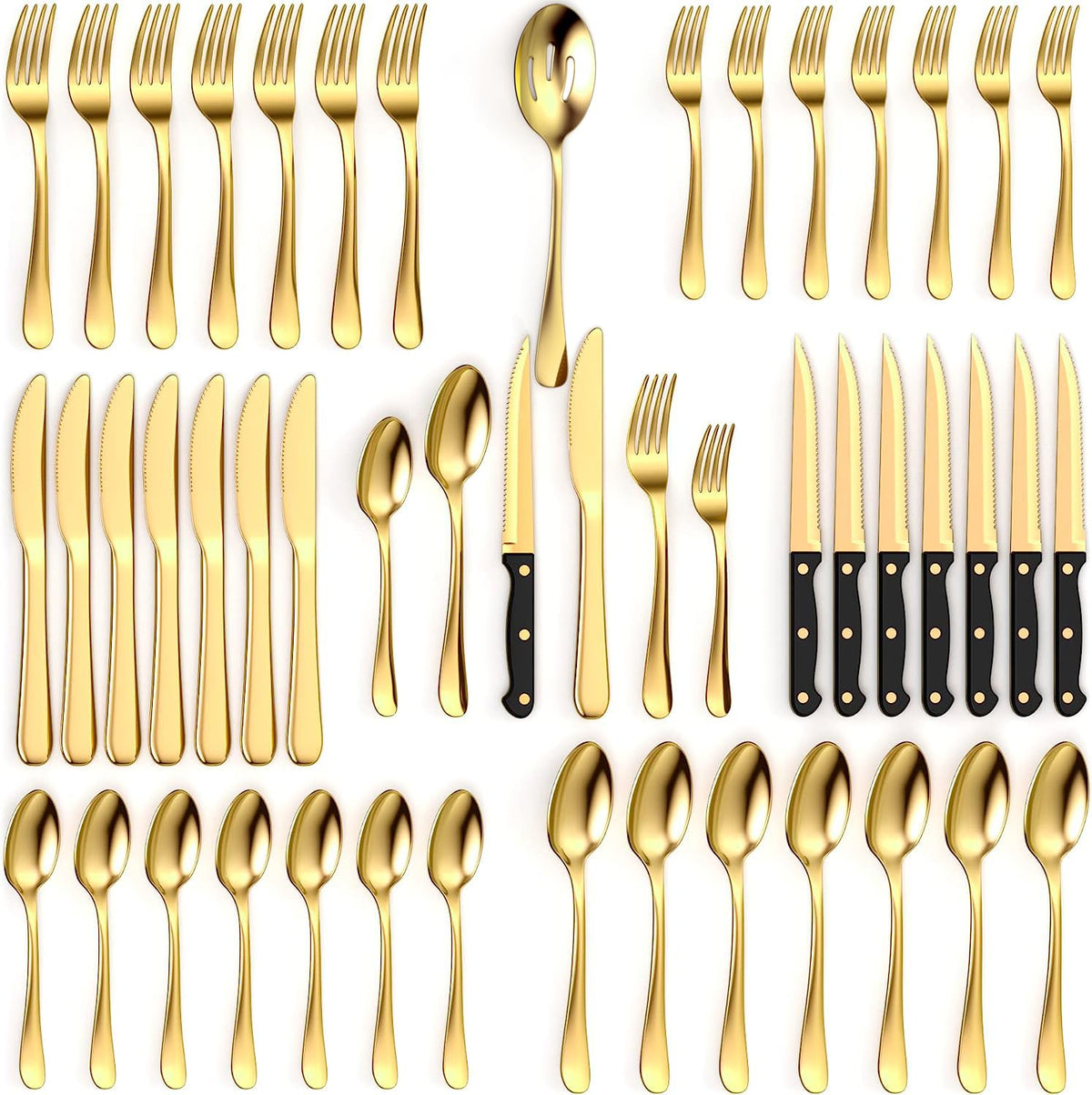 Tribal Cooking 49-piece gold silverware with polished finish for an upscale table setting.
