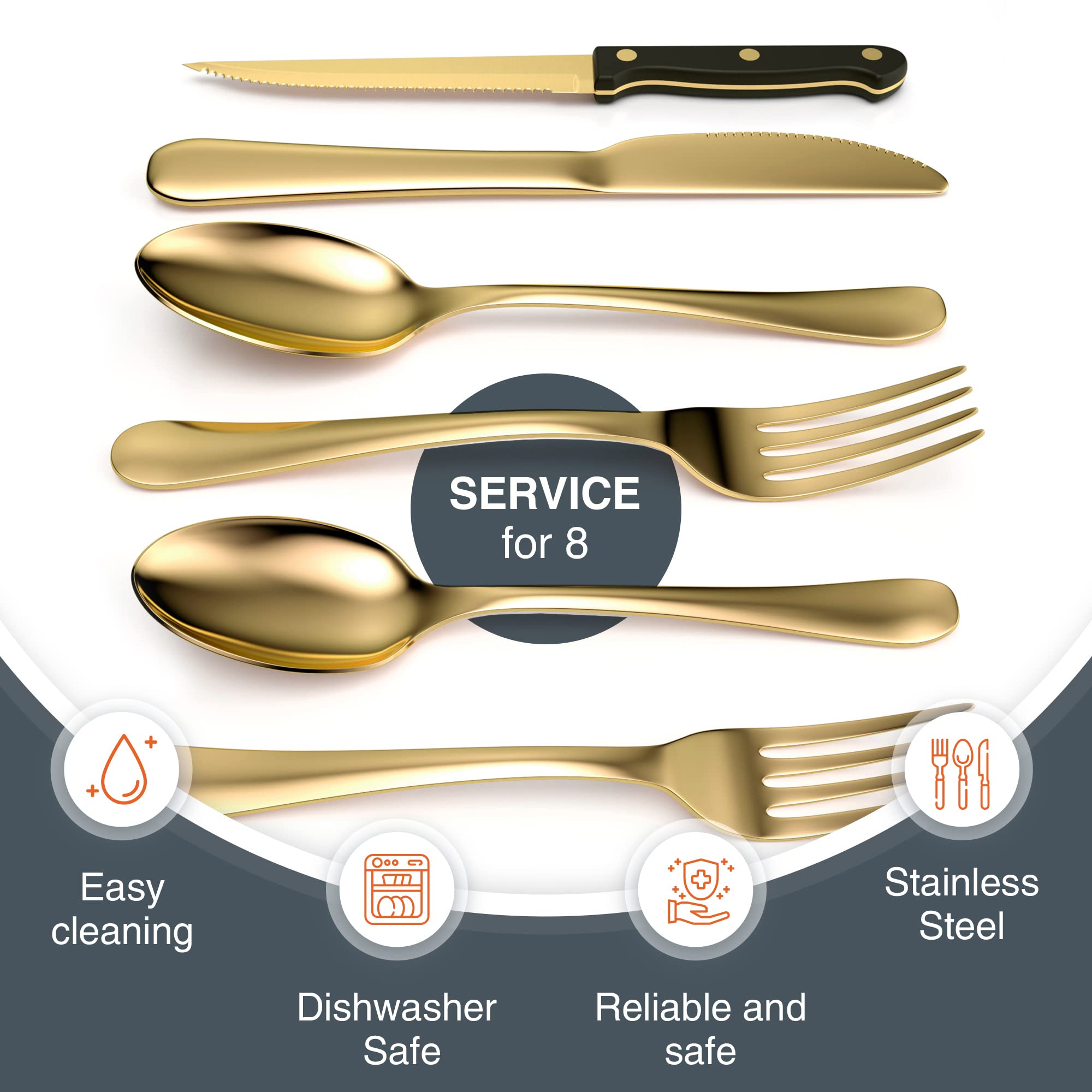 Tribal Cooking stainless-steel gold-cutlery with dinner knives, forks, and spoons.