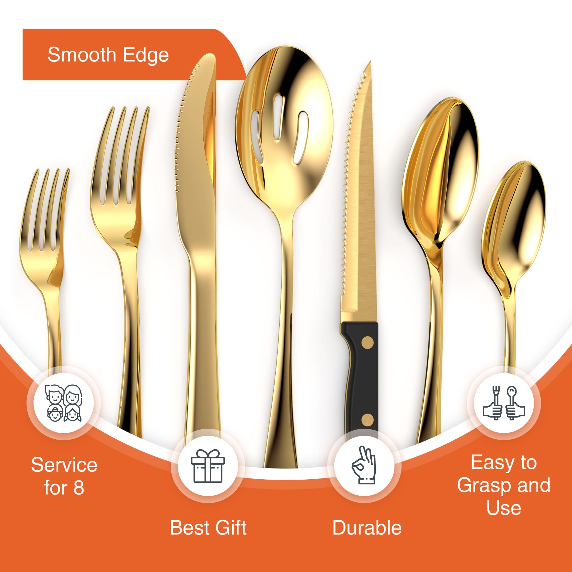 Tribal Cooking dishwasher-safe flatware in gleaming gold tone for easy cleanup.