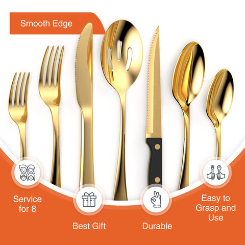 Tribal Cooking dishwasher-safe flatware in gleaming gold tone for easy cleanup.