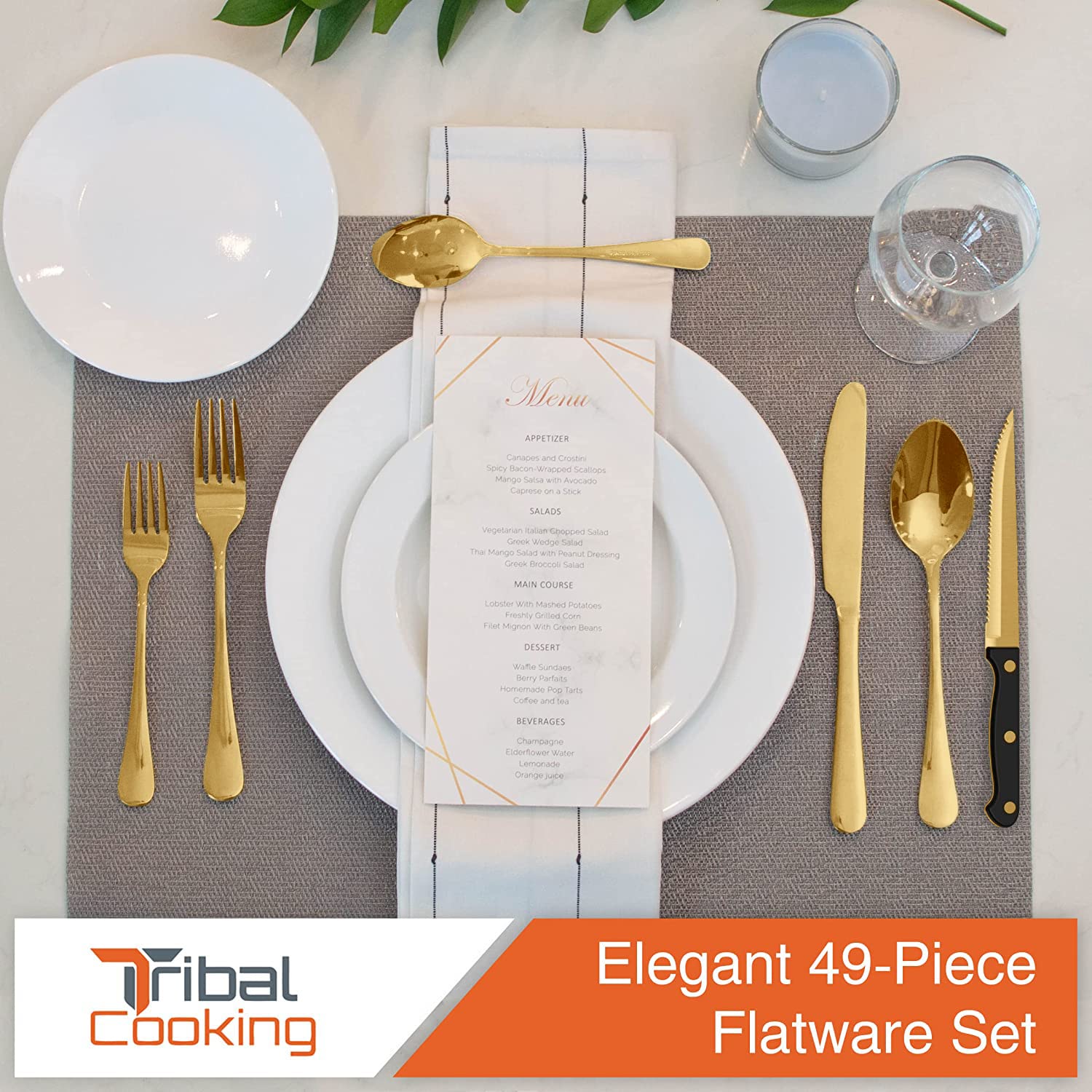 Tribal Cooking elegant gold flatware packaging for gifting or upscale tableware.
