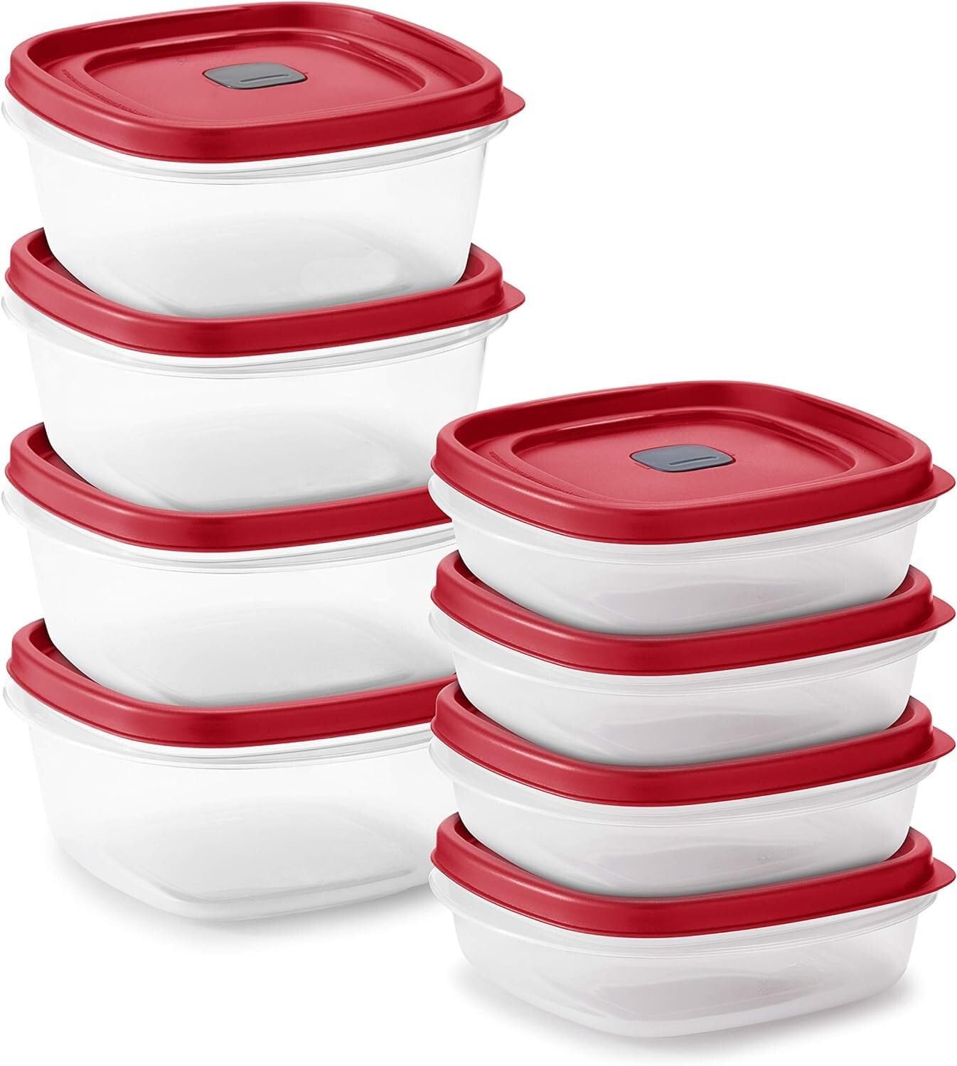 Tribello 16-piece storage set with red vented lids for easy reheating and organized leftovers