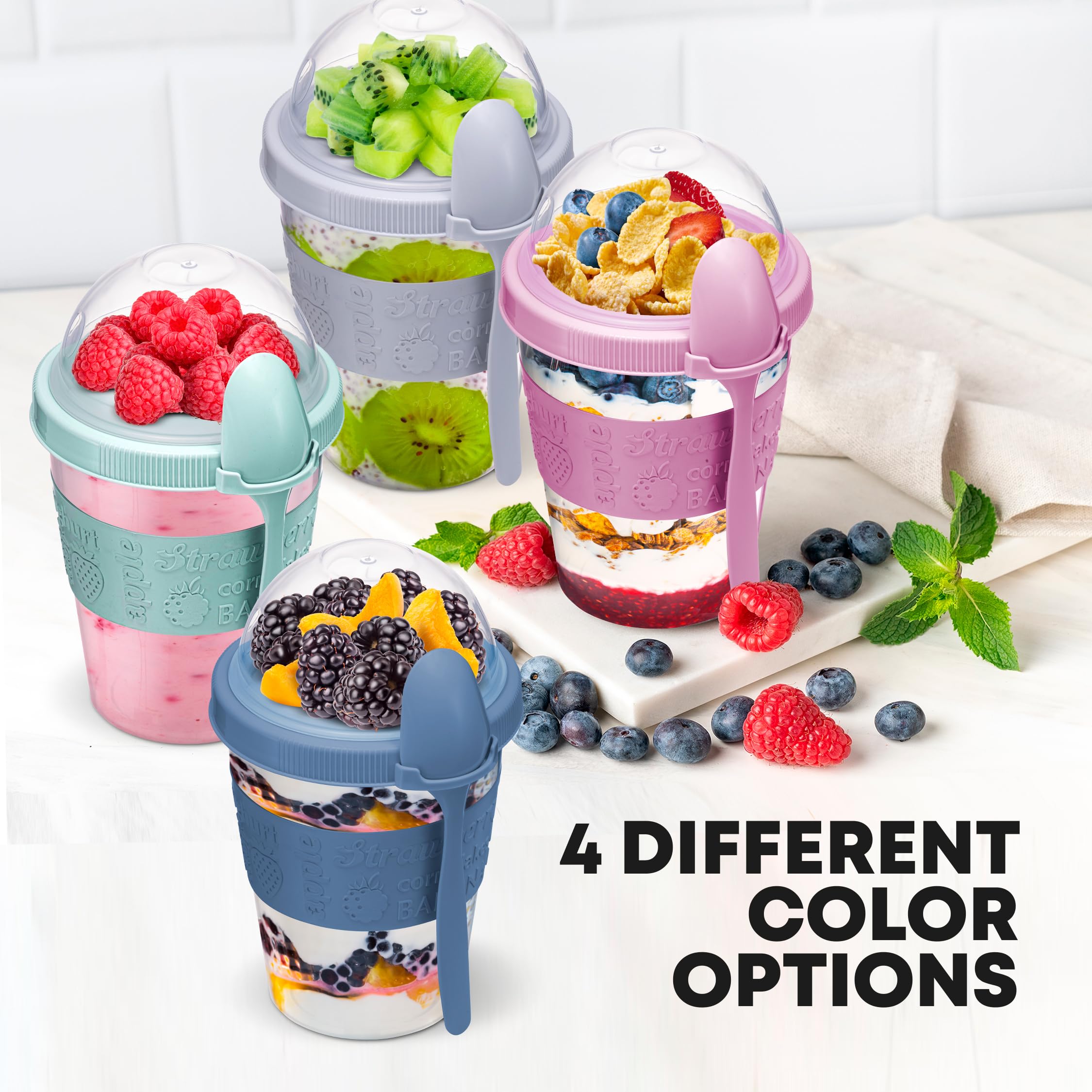 Tribello 20 oz transparent parfait cup displays colorful layers.