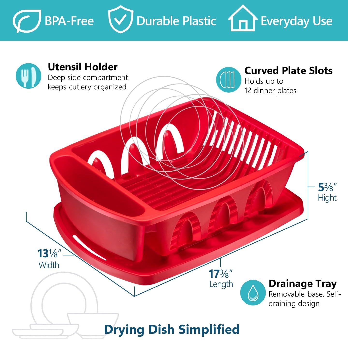 Tribello dish rack with built-in silverware cup for organized drying